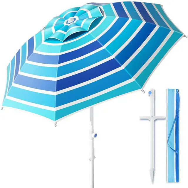 Main image of 8FT. Large Beach Umbrella with Heavy Duty Sand Anchor & Tilt Sun Shelter, UPF50+ UV Protection, Wind Resistance, Waterproof Canopy, Portable for Beach Outdoor Patio Yard Garden Pool, Blue