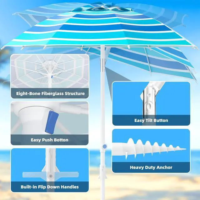 Alt view image 3 of 6 - 8FT. Large Beach Umbrella with Heavy Duty Sand Anchor & Tilt Sun Shelter, UPF50+ UV Protection, Wind Resistance, Waterproof Canopy, Portable for Beach Outdoor Patio Yard Garden Pool, Blue