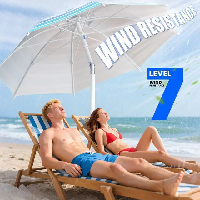 Alt view image 5 of 6 - 8FT. Large Beach Umbrella with Heavy Duty Sand Anchor & Tilt Sun Shelter, UPF50+ UV Protection, Wind Resistance, Waterproof Canopy, Portable for Beach Outdoor Patio Yard Garden Pool, Blue