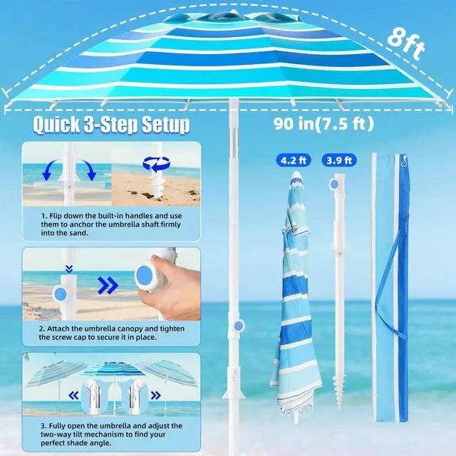 Alt view image 4 of 6 - 8FT. Large Beach Umbrella with Heavy Duty Sand Anchor & Tilt Sun Shelter, UPF50+ UV Protection, Wind Resistance, Waterproof Canopy, Portable for Beach Outdoor Patio Yard Garden Pool, Blue