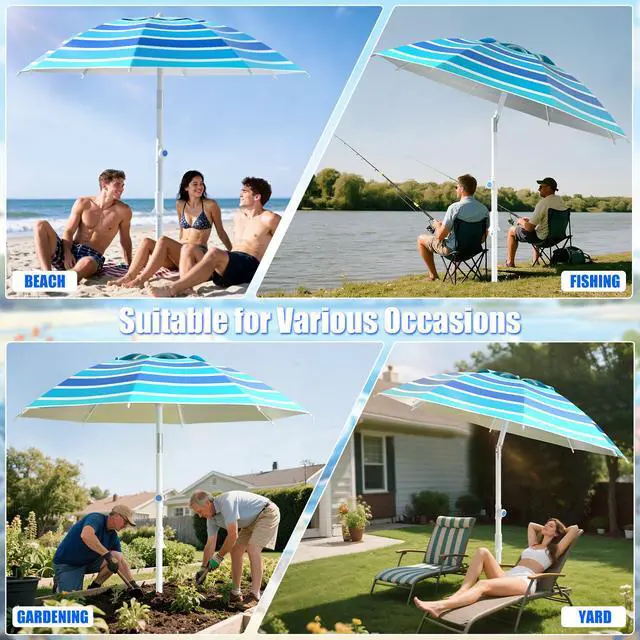 Alt view image 6 of 6 - 8FT. Large Beach Umbrella with Heavy Duty Sand Anchor & Tilt Sun Shelter, UPF50+ UV Protection, Wind Resistance, Waterproof Canopy, Portable for Beach Outdoor Patio Yard Garden Pool, Blue