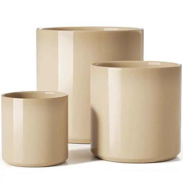 Main image of 10+8+6 Inch Ceramic Pots for Plants, Indoor Planters with Drainage Hole and Plug, Modern Cylinder Flower Pots Set of 3 for Living Room and Bedroom, Glossy, Sand Beige