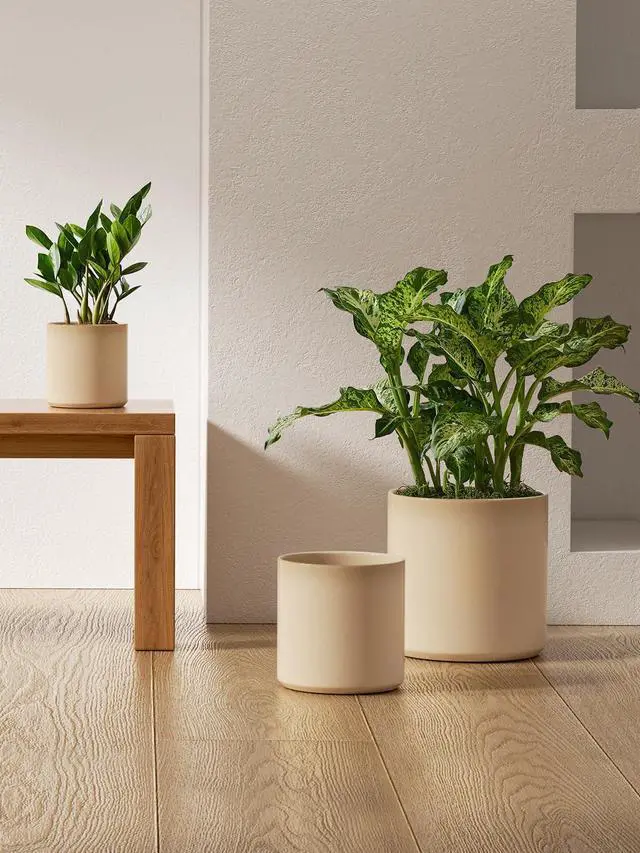 Alt view image 4 of 6 - 10+8+6 Inch Ceramic Pots for Plants, Indoor Planters with Drainage Hole and Plug, Modern Cylinder Flower Pots Set of 3 for Living Room and Bedroom, Glossy, Sand Beige