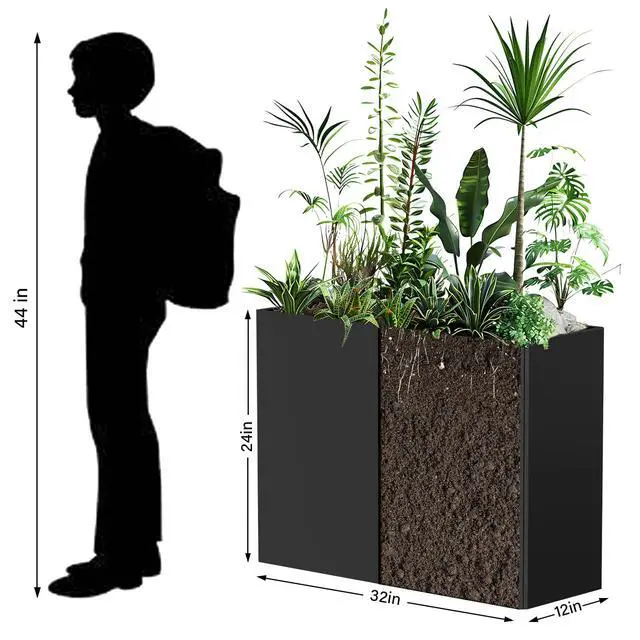 Alt view image 3 of 7 - Galvanized Steel Planter with Removable Insert Shelf & 4 Drainage Holes - 32x12x24 Inches Large Planters for Outdoor/Indoor Patio, Porch Black