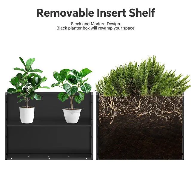 Alt view image 5 of 7 - Galvanized Steel Planter with Removable Insert Shelf & 4 Drainage Holes - 32x12x24 Inches Large Planters for Outdoor/Indoor Patio, Porch Black