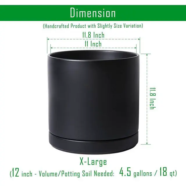 Alt view image 3 of 7 - 12 Inch Ceramic Planter Pot with Drainage Hole and Saucer, Indoor Cylinder Round Planter Pot, Black, 94-O-F-2