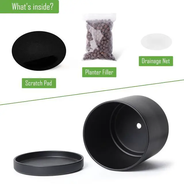 Alt view image 4 of 7 - 12 Inch Ceramic Planter Pot with Drainage Hole and Saucer, Indoor Cylinder Round Planter Pot, Black, 94-O-F-2