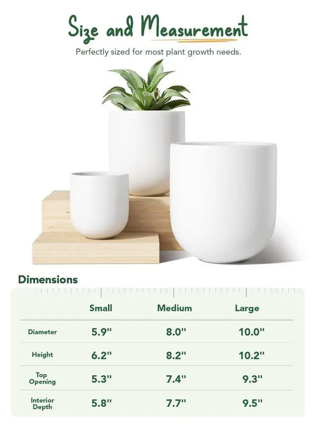 Alt view image 4 of 6 - 6+8+10 Inch Ceramic Pots for Plants, Plant Pots Indoor with Drainage Hole and Plug, Planter Pots for Home Office Room Patio, Set of 3, White