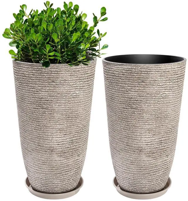 Main image of Set of 2 Oversized 9 Gallon Round Planters for Front Door & Patio - 12x21 Inch Tall Outdoor/Indoor Plant Pots with Drainage Tray, Gray Faux Stone Textured Tree Planters for Porch Decor