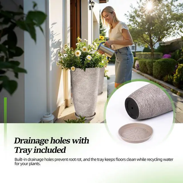 Alt view image 2 of 7 - Set of 2 Oversized 9 Gallon Round Planters for Front Door & Patio - 12x21 Inch Tall Outdoor/Indoor Plant Pots with Drainage Tray, Gray Faux Stone Textured Tree Planters for Porch Decor