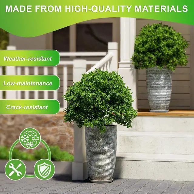 Alt view image 3 of 7 - Set of 2 Oversized 9 Gallon Round Planters for Front Door & Patio - 12x21 Inch Tall Outdoor/Indoor Plant Pots with Drainage Tray, Gray Faux Stone Textured Tree Planters for Porch Decor