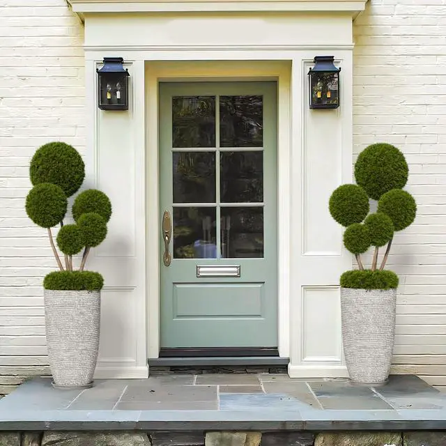 Alt view image 4 of 7 - Set of 2 Oversized 9 Gallon Round Planters for Front Door & Patio - 12x21 Inch Tall Outdoor/Indoor Plant Pots with Drainage Tray, Gray Faux Stone Textured Tree Planters for Porch Decor