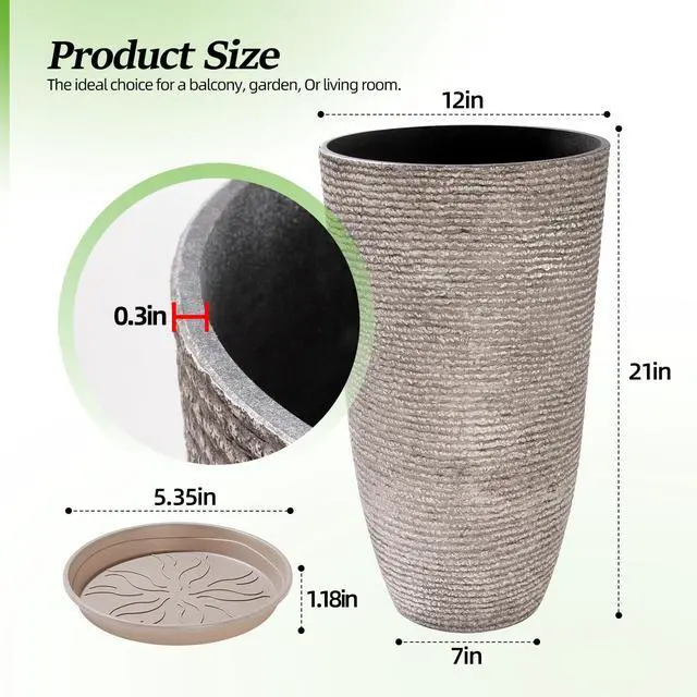Alt view image 5 of 7 - Set of 2 Oversized 9 Gallon Round Planters for Front Door & Patio - 12x21 Inch Tall Outdoor/Indoor Plant Pots with Drainage Tray, Gray Faux Stone Textured Tree Planters for Porch Decor