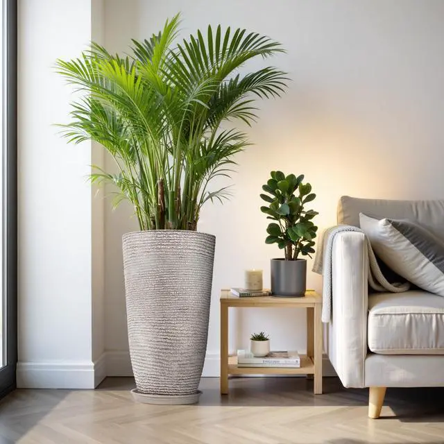 Alt view image 7 of 7 - Set of 2 Oversized 9 Gallon Round Planters for Front Door & Patio - 12x21 Inch Tall Outdoor/Indoor Plant Pots with Drainage Tray, Gray Faux Stone Textured Tree Planters for Porch Decor