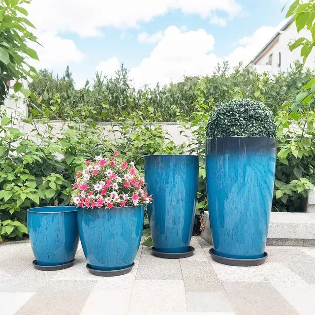 Alt view image 2 of 7 - 24/21/12/10" H Large Plastic Planters with Drainage Hole & Saucer, Set of 4 Tall Plant Pots for Indoor/Outdoor Use, Gradient Blue Glossy Smooth Flower Pot for Front Porch Patio Garden