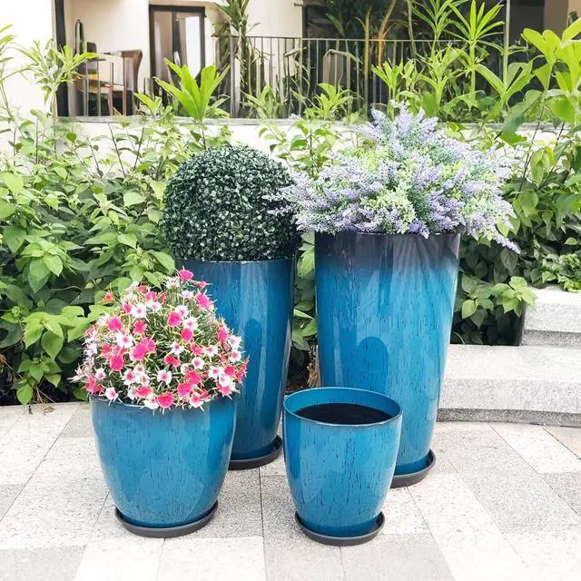 Alt view image 3 of 7 - 24/21/12/10" H Large Plastic Planters with Drainage Hole & Saucer, Set of 4 Tall Plant Pots for Indoor/Outdoor Use, Gradient Blue Glossy Smooth Flower Pot for Front Porch Patio Garden