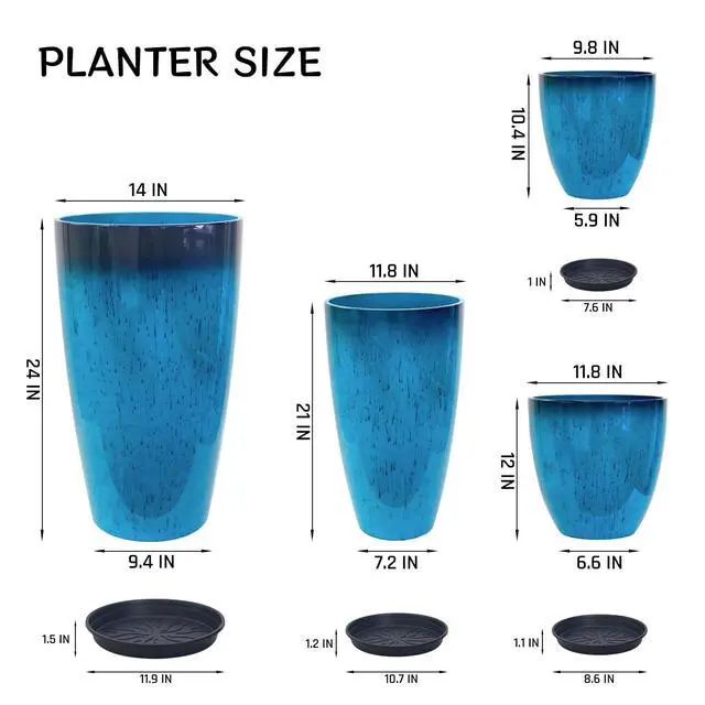 Alt view image 4 of 7 - 24/21/12/10" H Large Plastic Planters with Drainage Hole & Saucer, Set of 4 Tall Plant Pots for Indoor/Outdoor Use, Gradient Blue Glossy Smooth Flower Pot for Front Porch Patio Garden