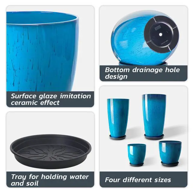Alt view image 5 of 7 - 24/21/12/10" H Large Plastic Planters with Drainage Hole & Saucer, Set of 4 Tall Plant Pots for Indoor/Outdoor Use, Gradient Blue Glossy Smooth Flower Pot for Front Porch Patio Garden