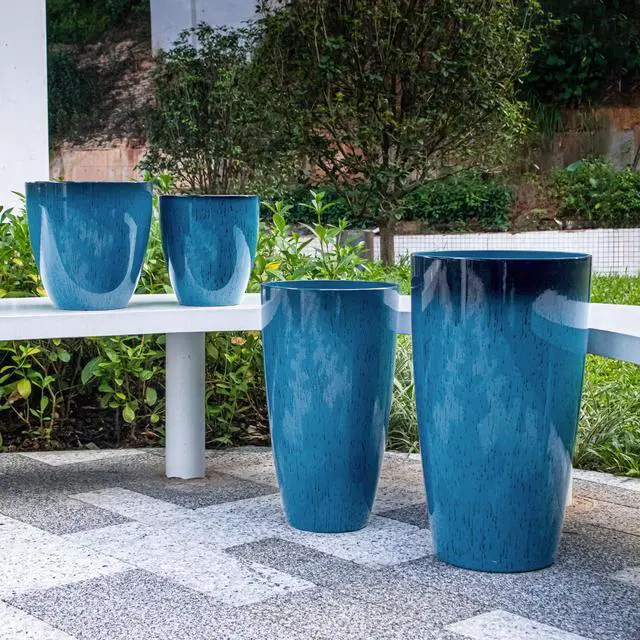 Alt view image 7 of 7 - 24/21/12/10" H Large Plastic Planters with Drainage Hole & Saucer, Set of 4 Tall Plant Pots for Indoor/Outdoor Use, Gradient Blue Glossy Smooth Flower Pot for Front Porch Patio Garden