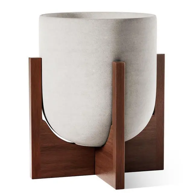 Main image of 12 Inch Plant Pot with Acacia Wood Stand, Ceramic Large Planters for Indoor Plants, Indoor Pots for Plants Office Living Room, Cylinder Planter with Drainage Hole and Plug, Neutral Gray