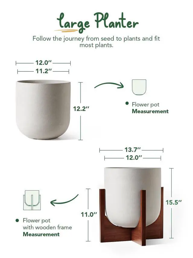 Alt view image 3 of 7 - 12 Inch Plant Pot with Acacia Wood Stand, Ceramic Large Planters for Indoor Plants, Indoor Pots for Plants Office Living Room, Cylinder Planter with Drainage Hole and Plug, Neutral Gray