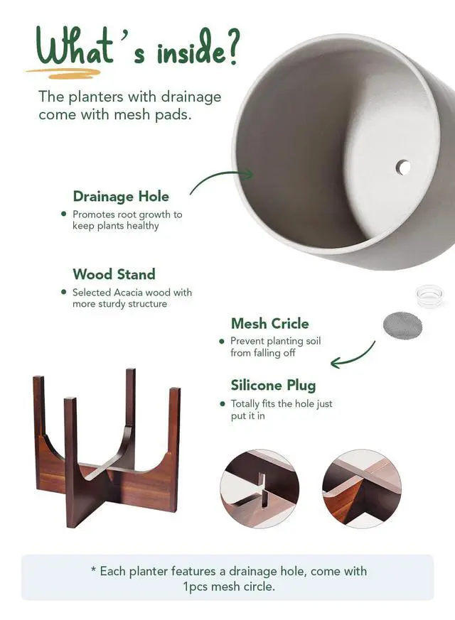 Alt view image 4 of 7 - 12 Inch Plant Pot with Acacia Wood Stand, Ceramic Large Planters for Indoor Plants, Indoor Pots for Plants Office Living Room, Cylinder Planter with Drainage Hole and Plug, Neutral Gray