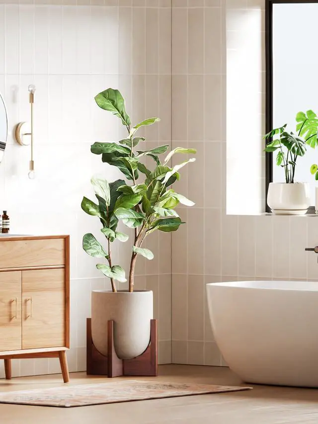 Alt view image 2 of 7 - 12 Inch Plant Pot with Acacia Wood Stand, Ceramic Large Planters for Indoor Plants, Indoor Pots for Plants Office Living Room, Cylinder Planter with Drainage Hole and Plug, Neutral Gray