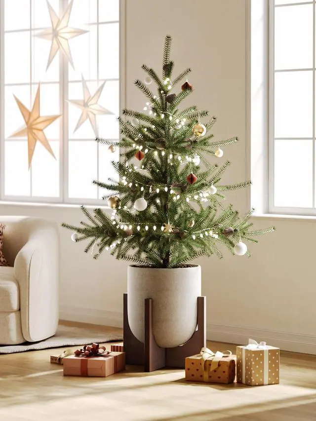 Alt view image 7 of 7 - 12 Inch Plant Pot with Acacia Wood Stand, Ceramic Large Planters for Indoor Plants, Indoor Pots for Plants Office Living Room, Cylinder Planter with Drainage Hole and Plug, Neutral Gray