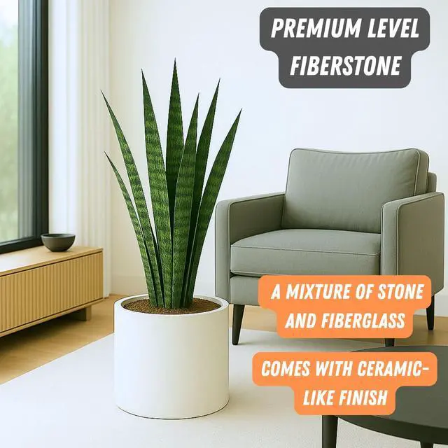 Alt view image 2 of 7 - Large Indoor Planter, Modern Large Plant Pot for Indoor or Outdoor, UV and Frost Resistant - 14.6 Inch, Fiberstone, Matte White Flower Pot with Drainage Plug, Lightweight