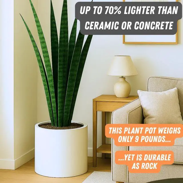 Alt view image 3 of 7 - Large Indoor Planter, Modern Large Plant Pot for Indoor or Outdoor, UV and Frost Resistant - 14.6 Inch, Fiberstone, Matte White Flower Pot with Drainage Plug, Lightweight