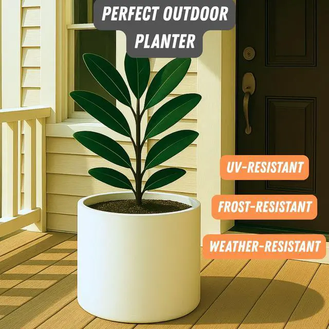 Alt view image 6 of 7 - Large Indoor Planter, Modern Large Plant Pot for Indoor or Outdoor, UV and Frost Resistant - 14.6 Inch, Fiberstone, Matte White Flower Pot with Drainage Plug, Lightweight
