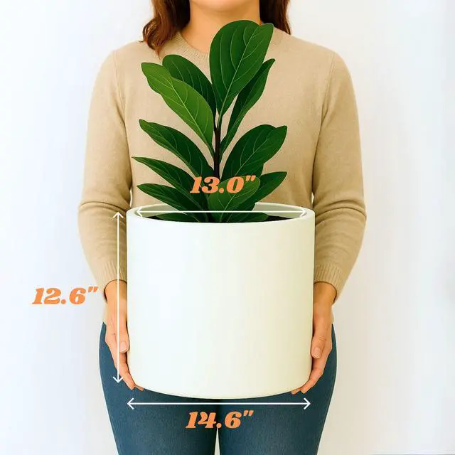 Alt view image 7 of 7 - Large Indoor Planter, Modern Large Plant Pot for Indoor or Outdoor, UV and Frost Resistant - 14.6 Inch, Fiberstone, Matte White Flower Pot with Drainage Plug, Lightweight