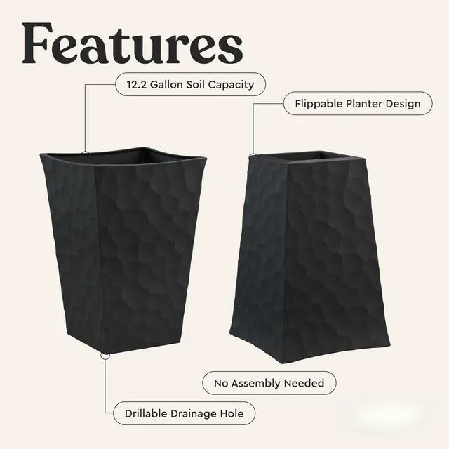 Alt view image 4 of 5 - Stone Tapered Planter Set of 2, Tall 26.4Inch Resin Outdoor Flower Pots with StoneLook Finish and 12.2Gallon Capacity, Graphite