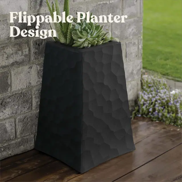 Alt view image 5 of 5 - Stone Tapered Planter Set of 2, Tall 26.4Inch Resin Outdoor Flower Pots with StoneLook Finish and 12.2Gallon Capacity, Graphite