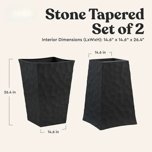Alt view image 2 of 5 - Stone Tapered Planter Set of 2, Tall 26.4Inch Resin Outdoor Flower Pots with StoneLook Finish and 12.2Gallon Capacity, Graphite