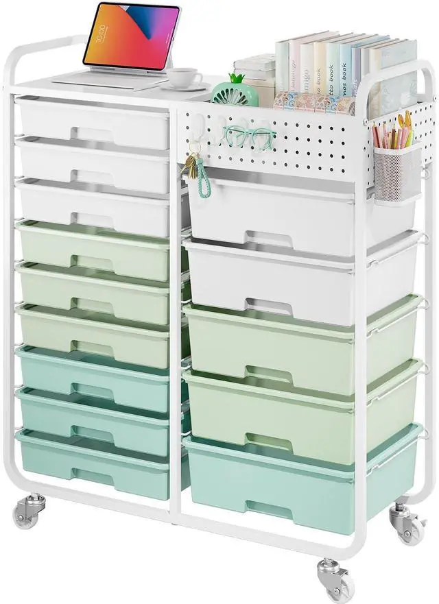 Main image of Rolling Storage Cart with 14 Drawers, Storage Organizer Cart with Tabletop and Pegboard,Utility Cart for Living Room, Classroom, Bedroom,Bathroom,Dorm,Office (Green)