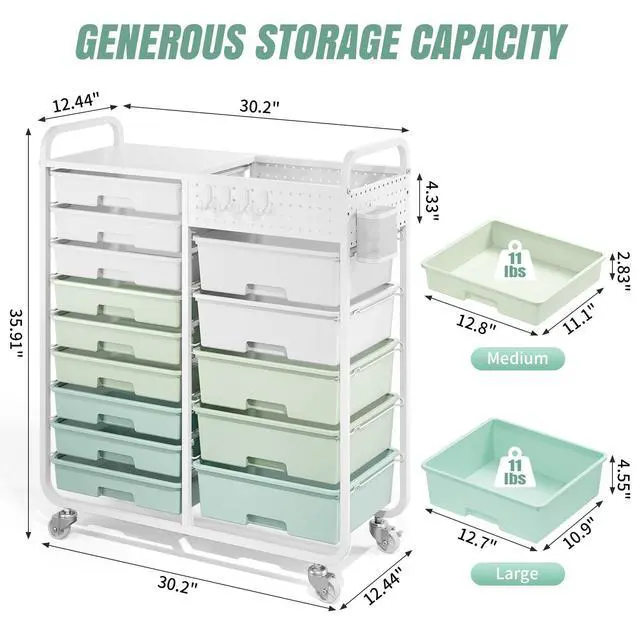 Alt view image 2 of 7 - Rolling Storage Cart with 14 Drawers, Storage Organizer Cart with Tabletop and Pegboard,Utility Cart for Living Room, Classroom, Bedroom,Bathroom,Dorm,Office (Green)