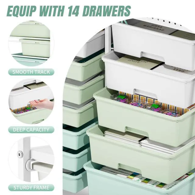 Alt view image 3 of 7 - Rolling Storage Cart with 14 Drawers, Storage Organizer Cart with Tabletop and Pegboard,Utility Cart for Living Room, Classroom, Bedroom,Bathroom,Dorm,Office (Green)