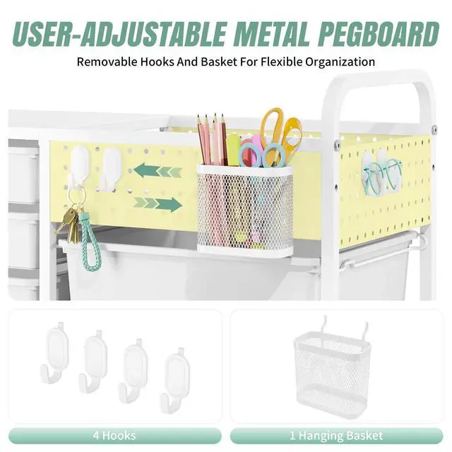 Alt view image 4 of 7 - Rolling Storage Cart with 14 Drawers, Storage Organizer Cart with Tabletop and Pegboard,Utility Cart for Living Room, Classroom, Bedroom,Bathroom,Dorm,Office (Green)
