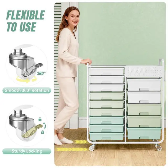 Alt view image 5 of 7 - Rolling Storage Cart with 14 Drawers, Storage Organizer Cart with Tabletop and Pegboard,Utility Cart for Living Room, Classroom, Bedroom,Bathroom,Dorm,Office (Green)