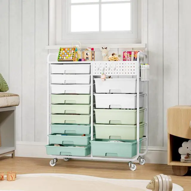 Alt view image 7 of 7 - Rolling Storage Cart with 14 Drawers, Storage Organizer Cart with Tabletop and Pegboard,Utility Cart for Living Room, Classroom, Bedroom,Bathroom,Dorm,Office (Green)