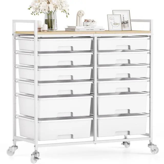 Main image of Rolling Storage Cart with 12 Drawers, Wooden Tabletop Utility Cart for Craft Storage, Art Supply Storage & Home Office Organization, Teacher Cart with Wheels for Classroom, School (White)