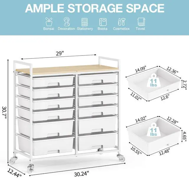 Alt view image 2 of 7 - Rolling Storage Cart with 12 Drawers, Wooden Tabletop Utility Cart for Craft Storage, Art Supply Storage & Home Office Organization, Teacher Cart with Wheels for Classroom, School (White)