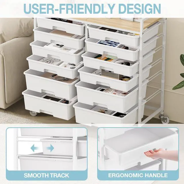 Alt view image 4 of 7 - Rolling Storage Cart with 12 Drawers, Wooden Tabletop Utility Cart for Craft Storage, Art Supply Storage & Home Office Organization, Teacher Cart with Wheels for Classroom, School (White)