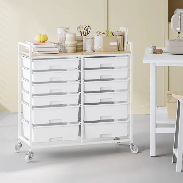 Alt view image 7 of 7 - Rolling Storage Cart with 12 Drawers, Wooden Tabletop Utility Cart for Craft Storage, Art Supply Storage & Home Office Organization, Teacher Cart with Wheels for Classroom, School (White)