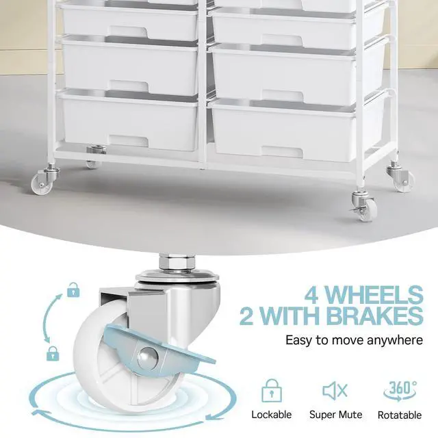 Alt view image 3 of 7 - Rolling Storage Cart with 12 Drawers, Wooden Tabletop Utility Cart for Craft Storage, Art Supply Storage & Home Office Organization, Teacher Cart with Wheels for Classroom, School (White)