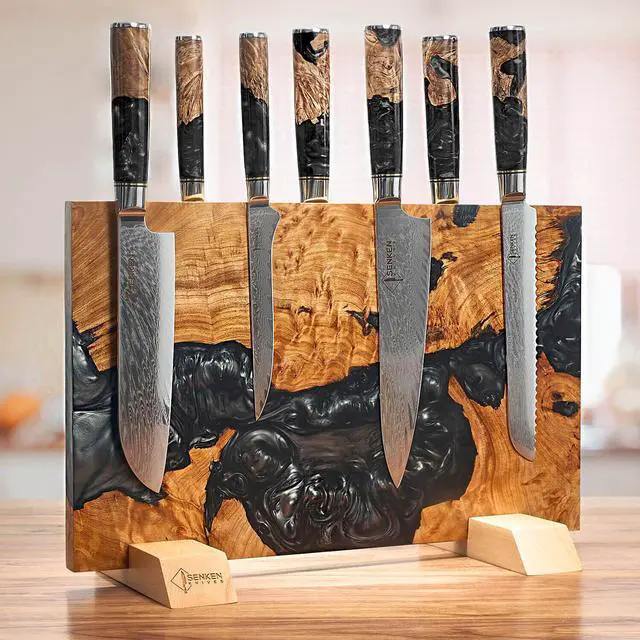Alt view image 2 of 7 - SENKEN "Black Tsunami" Extra Large Magnetic Knife Block - Holds Up to 16 Knives - Knife Block without Knives, Universal Knife Holder, Beautiful Dark Resin Burl Wood Blend (Black Resin)