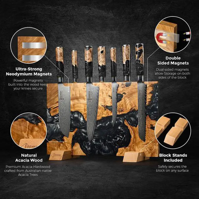 Alt view image 3 of 7 - SENKEN "Black Tsunami" Extra Large Magnetic Knife Block - Holds Up to 16 Knives - Knife Block without Knives, Universal Knife Holder, Beautiful Dark Resin Burl Wood Blend (Black Resin)