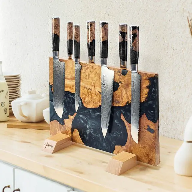 Alt view image 7 of 7 - SENKEN "Black Tsunami" Extra Large Magnetic Knife Block - Holds Up to 16 Knives - Knife Block without Knives, Universal Knife Holder, Beautiful Dark Resin Burl Wood Blend (Black Resin)