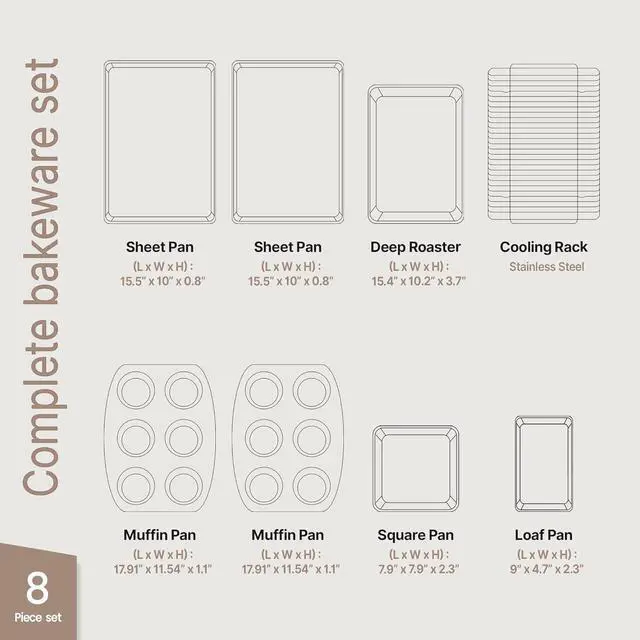 Alt view image 2 of 7 - 8-Piece Stackable Bakeware Set - Ceramic Non-Stick Coating, Baking Sheets, Assorted Baking Pans, PTFE, PFOA & PFOS Free - Healthy Baking, Ergonomic Handles, Cooling Rack, Non-Toxic, Oven-Safe